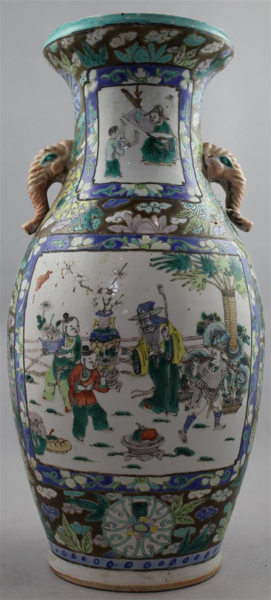 A Chinese famille verte two handled vase, late 19th / early 20th century, 38cm